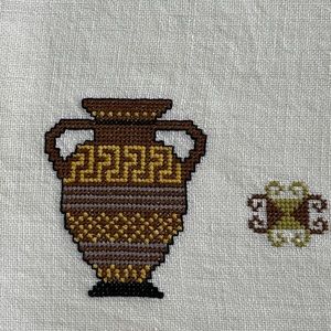 Vintage Cross-stitched Tablecloth (handmade) with playful Grecian Urn design